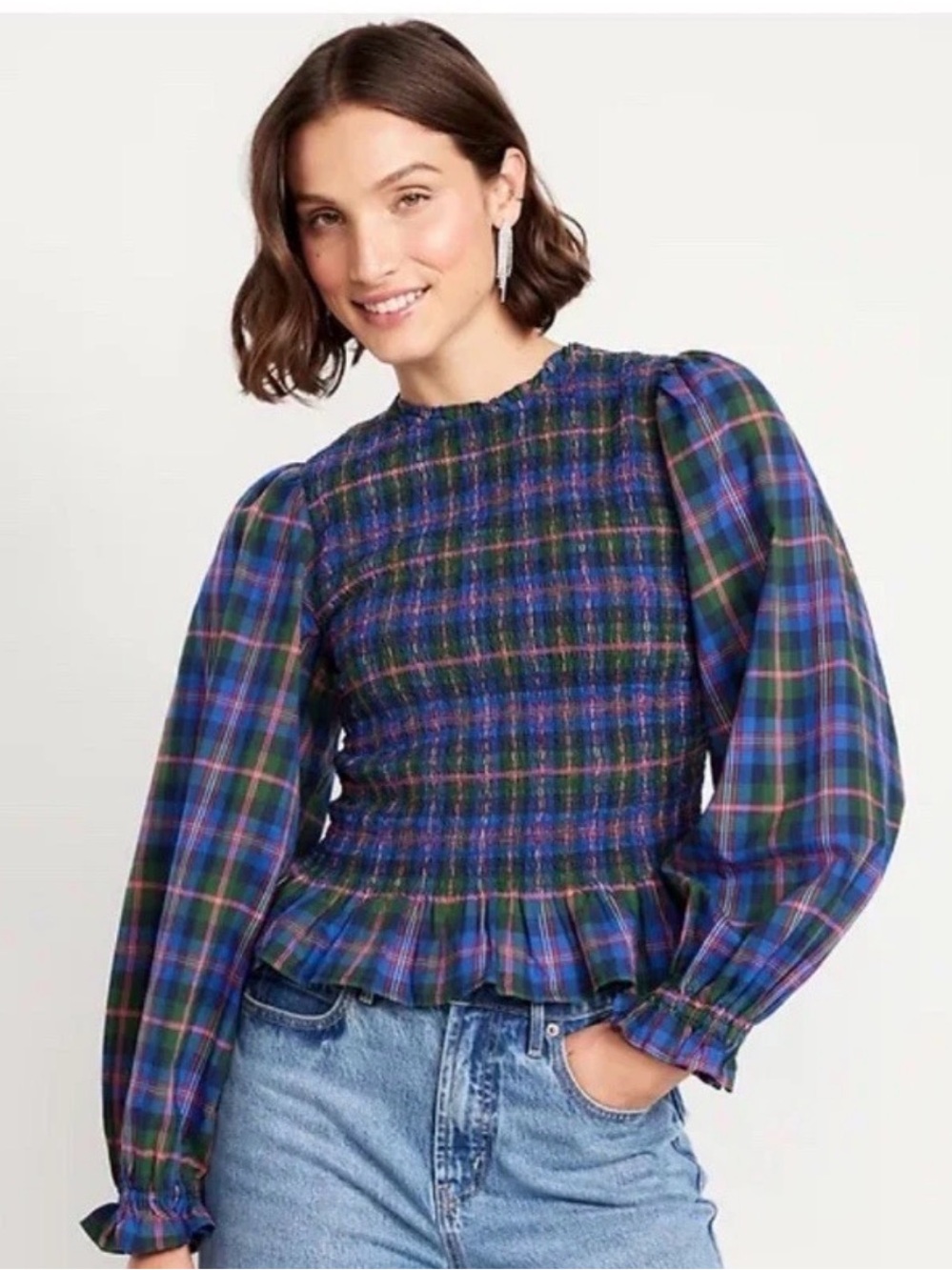 Old Navy Long Puff Sleeve Plaid Smocked Top Women’s M Blouse Ruffle Blue Red